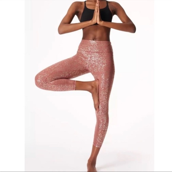 Sweaty Betty Pants - Sweaty Betty Goddess Foil Disco Pink Metallic Full Length Leggings